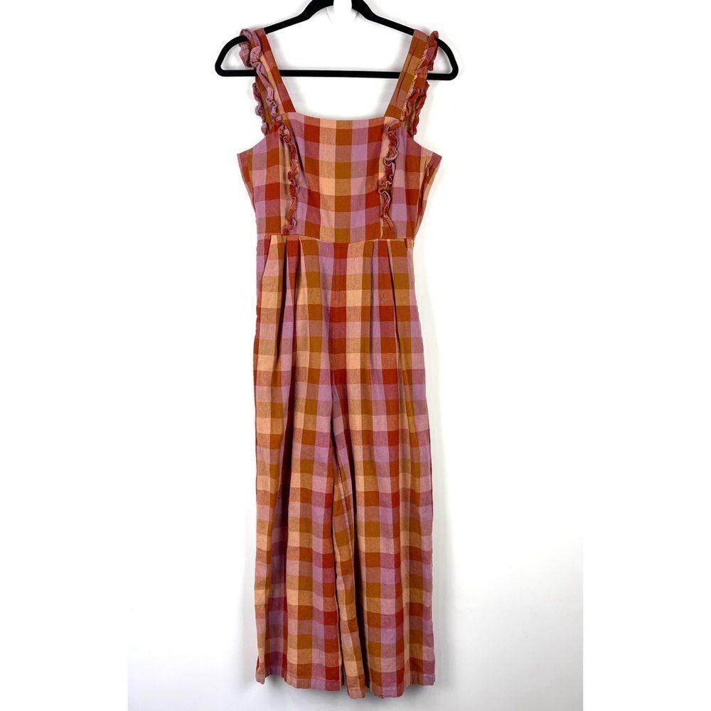 ModCloth Princess Highway Linen Prairie Jumpsuit S Orange Check Boho Ruffle - Picture 2 of 15